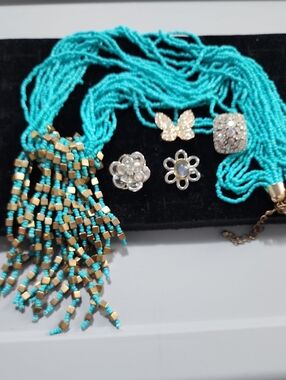 Fashion Jewelry Turquoise and Gold Multi-Strand Beaded Fringe Necklace Ring Lot
